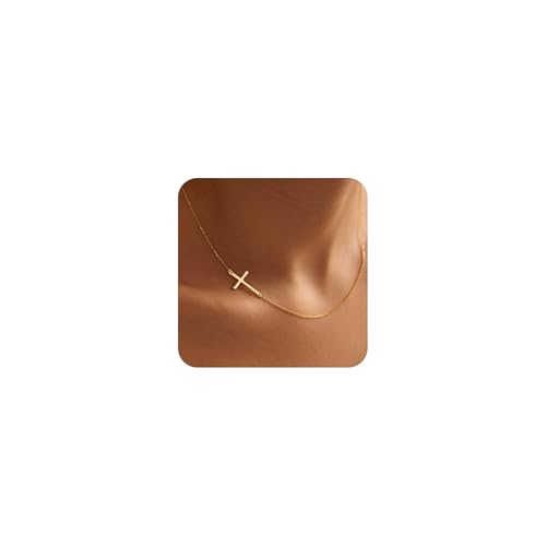 Poxtex Sideways Cross Necklace for Women Trendy 14K Gold Plated Cross Pendant Necklace Dainty Simple Gifts Accessories Jewelry Christian Stuff for Women Girls