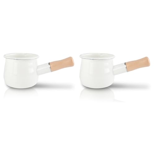 ISTOVO 2 x sartenes de leche esmaltada, minicalentador de mantequilla de 10 cm, sartén con mango de madera para calentar pequeñas porciones líquidas