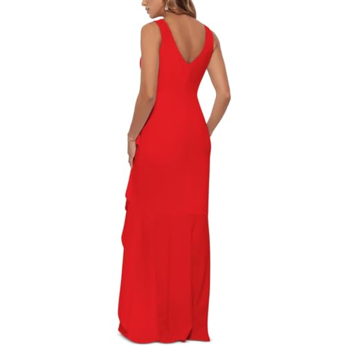 Image of Betsy & Adam Women's V-Neck Hi Low Sleeveless Floor Length Cascade Dress with Draped Ruffle, Regular & Plus Size