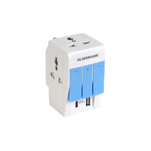 Olsenmark 3-Way Multi Adaptor- OMES1890 Global Compatibility USB and Type-C Charging Ports Compact and Portable Design White