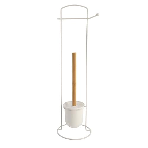 Tendance - Brosse et Dérouleur Papier WC Métal - Blanc/Bambou - Salle de Bain - Accessoire Utilitaire