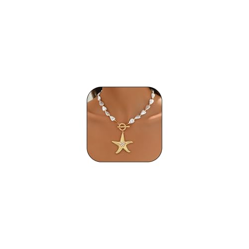 Chunky Gold Starfish Necklace for Women Hip Hop Big Starfish Pendant Necklace Pearl Chain Necklace Summer Beach Jewelry Gifts (B)