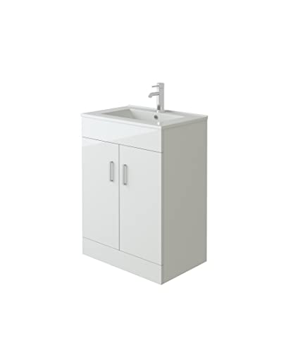 VeeBath Sphinx High Gloss White Free Standing Basin Vanity Cabinet Unit & Rectangular Sink - 600mm