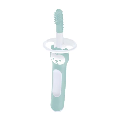 MAM Massaging Brush, Spazzolino denti bambini 3+ mesi con setole morbide, Neonato accessori utili con anello di sicurezza per la gola, Massaggia gengive neonati antiscivolo ed ergonomico, Azzurro