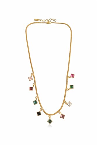 Atrisha Gold Toned Alloy Metal Delicate Chain Necklace with Multicolor Square Crystal Charms for Women and Girls | Minimalist Jewelry