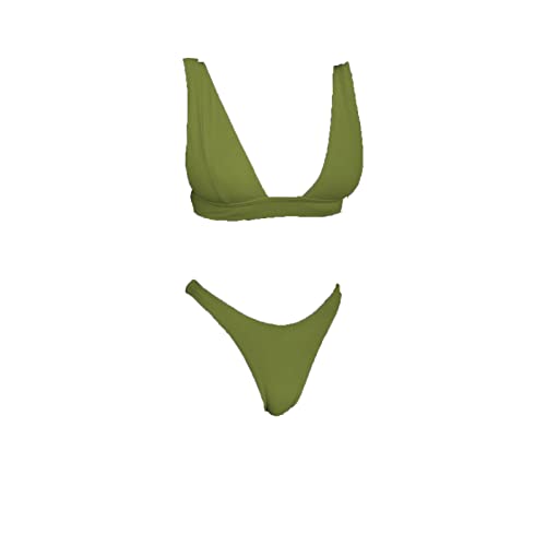 Women's Plunge V Neck Swimsuit High Cut Two Piece Bikini Set Slim Fit Fashion Solid Color Thong Swimsuit Bathing Suits (Medium,Green)