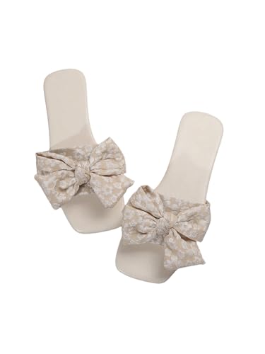 Gorglitter Women'S Floral Graphic Bow Decor Slide Sandals Square Open Toe Flats Beach Shoes Beige 7.5 cover