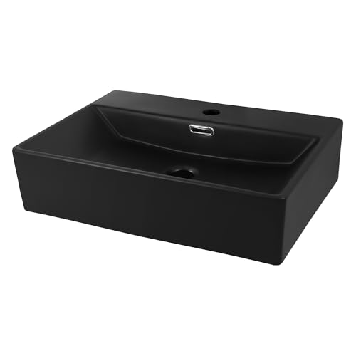 LuxeBath Waschbecken 51,5x36x13 cm, aus Keramik, Schwarz matt, mit Hahnloch, Waschtisch zur Wandmontage oder als Aufsatzwaschbecken, Hängewaschbecken Aufsatzbecken Handwaschbecken Waschschale Becken