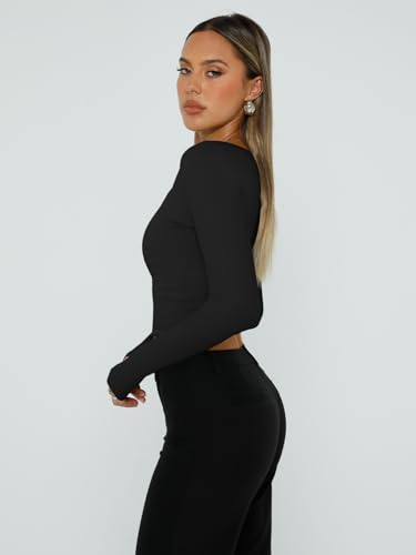 Trendy Queen Womens Long Sleeve Shirts Square Neck Going Out Crop Tops Fashion Y2k Workout Clothes Fall Outfits 20253