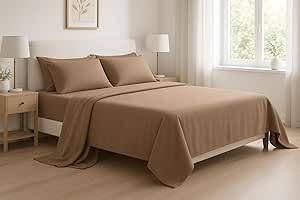 GX GARGIX Completo Lenzuola Matrimoniale in Flanella set 3 pezzi lenzuolo sopra,sotto con angoli e federe caldo inverno autunno (Beige, Matrimoniale)