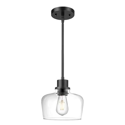 Emak Modern Black Pendant Lights, 8 Inch Kitchen Pendant Lighting Over Island with Clear Glass Shade, Farmhouse Hanging Lights for Kitchen, Bathroom, Bedroom, Dining Room, PL122-BK-CG