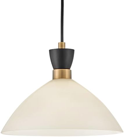 Lark Simon Single Light Convertible Pendant, Semi-Flush Mount or Adjustable Cord-Hung Pendant, Mid-Century Modern, Black, Heritage Brass, and Cased Opal Glass