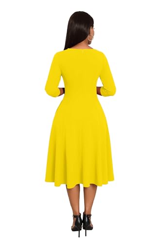 Image of Nmoder Midi Dresses for Women A-Line Fit and Flare Dress 3 /4 Sleeve V Neck Cocktail Wedding Guest Work Dress with Pockets