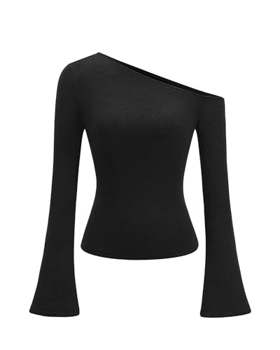 Zenlonr Women's Long Sleeve Shirts 2025 Fall Fashion Off Shoulder Tops Casual Knit Slim Fit Going Out Tee Shirts Y2K Clothes