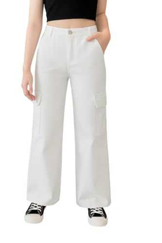 Image of ADBUCKS Stretchable High Rise Cargo Style Wide Leg Jeans for Girls II Girls Jeans