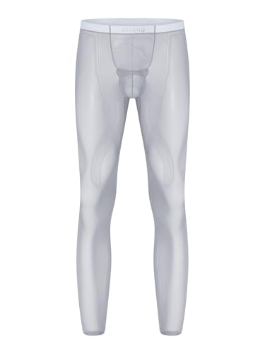 renvena Men's Ultra Thin Sheer See-Through Leggings High Stretchy Bulge Pouch Pants Tights Grey M