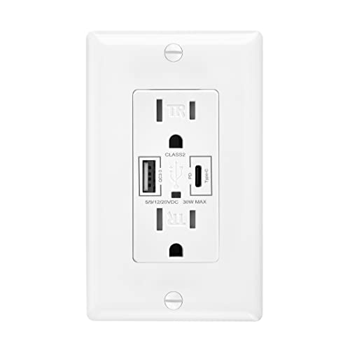 Maxxima 15A Usb Wall Outlet Receptacle, 30W Power Delivery Qc 3.0 Type-C/A W/ 2 Standard Outlets, High Speed Charging For Smart Devices, Duplex Receptacle Tamper-Resistant, Wall Plate Included #TOP7