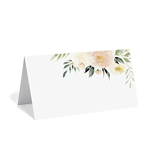 Bliss Collections Place Cards, Blush Floral, Tented Blank Table Place Cards for Weddings, Banquets, Dinner Parties, Scored for Easy Folding, 2´´x3.5´´ (50 Place Cards)