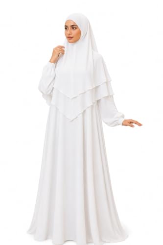 Three Piece Islamic prayer dress for women with sleeve Prayer Clothes for Muslim Women Prayer Abaya For girls Jilbab 3 piece Umrah essentials and ramadan prayer set (White Medium)