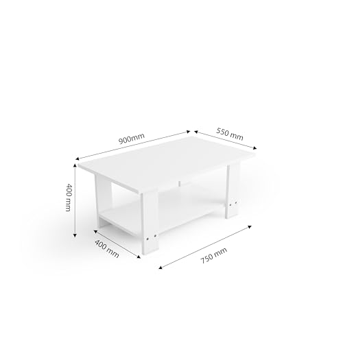 Image of FURLAY LatteEdge Engineered Wood Coffee Table with Bottom Shelf - 90 x 55 x 40 cm (001, White)