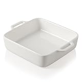 Sweejar 8X8 Baking Pan,Ceramic Casserole Dishes For Oven With Double Handles，2 Qt Square Cake Baking Dish For Brownie,Lasagna,Casseroles,Family Dinner(White)