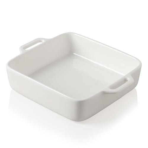 Sweejar 8X8 Baking Pan,Ceramic Casserole Dishes For Oven With Double Handles，2 Qt Square Cake Baking Dish For Brownie,Lasagna,Casseroles,Family Dinner(White)