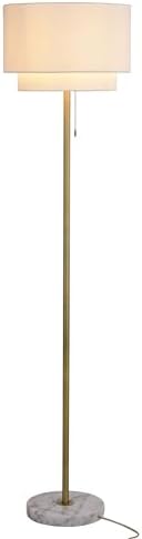 VAXCEL Burnaby Gold Brass Mid-Century Modern Floor Lamp White Linen Shade Pull Chain Switch