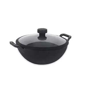 Meyer Pre Seasoned Cast Iron Kadai|Iron Kadhai with Lid for Cooking and Deep Frying | Heavy Base Iron Kadai Small Size | Gas Stove and Induction Friendly 24cm/ 3 Liters, Black