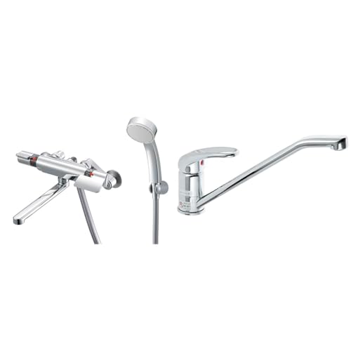 【セット買い】【Amazon.co.jp限定】SANEI(サンエイ) サーモシャワー混合栓 メッキ 断熱タイプ 浴室水栓 ホース長さ 1.6m パイプ長さ 190mm 日本製 SK181AD-13-EC シルバー + シングルワンホール混合栓 キッチン用