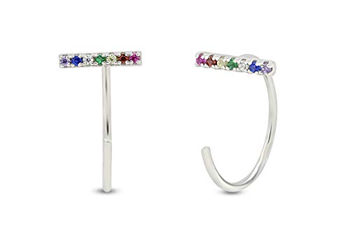 14k White Gold Plated 925 Sterling Silver Colourful Rainbow Cubic Zirconia Bar Half Hoop Cuff Stud Earrings Jewelry Gift For Womens