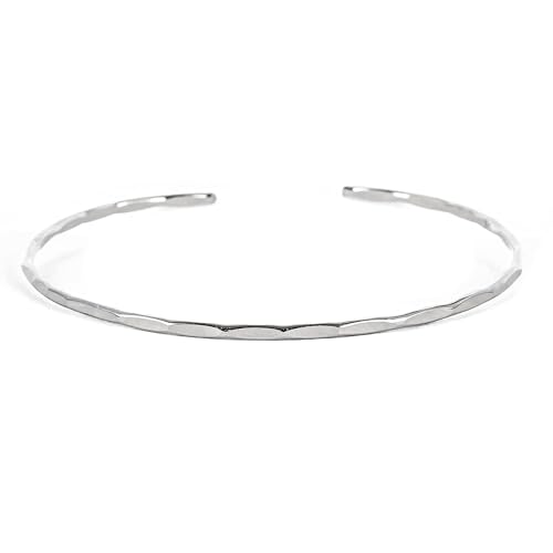 LOTUS STONE JEWELRY Thin Hammered Cuff in Solid Sterling Silver; Delicate Handmade Stacking Bracelet for Women (Small, Silver)