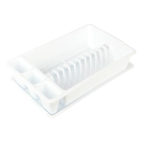 Jolie Max Escurreplatos de plástico pequeño con bandeja de goteo extraíble, estante compacto para encimera de cocina con soporte para cubiertos, capacidad para hasta 11 platos, 42 x 26 x 10 cm