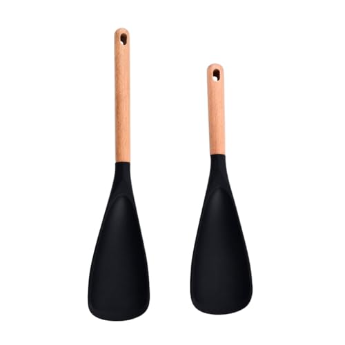 Silicone Spatula Set - 2 Pieces Cooking Paddle for Baking and Frying | Flexible Non-Stick Silicone Head with Wooden Handle, Heat-Resistant Kitchen Utensil for Mixing, Pancake, 86/98g Black White – Image 5