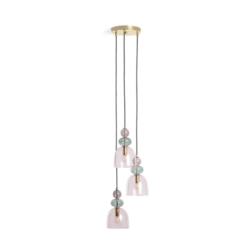 LEDKIA LIGHTING - Lampada a Sospensione Metallo e Vetro Tri Baudelaire | Design Elegante Vintage | Compatibile con Lampadine LED E14 | Cavo Regolabile Altezza, Rosa, 1680 mm