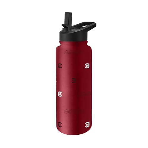 Image of Logo Brands NCAA South Carolina Gamecocks Step & Repeat 34 oz Stainless Steel Quencher Bottle - All Over Logo Design, No-Spill Lid, Easy Carry Handle - Keeps Drinks Cold For Hours
