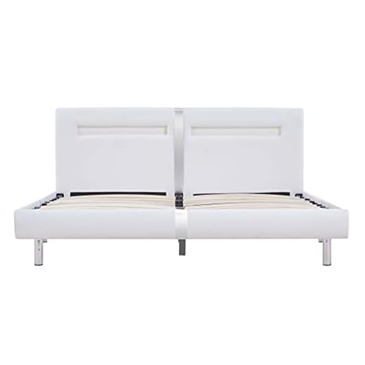 vidaXL Cama Matrimonio Luz LED Estructura Hierro + Somier Láminas + Cabecero Tapizada Piel Sintética 180x200 cm Cuero Artificial MDF Pata Acero Blanco