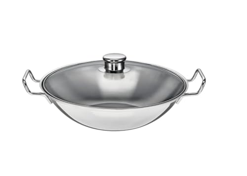 Fondo in rame protermico, a risparmio energetico^Acciaio INOX 18/10^Coperchio in vetro resistente al calore e infrangibile^Adatto a piastre di 14,5 cm di diametro^Adatto a tutti i piani cottura, compresi quelli a induzione e in vetroceramica