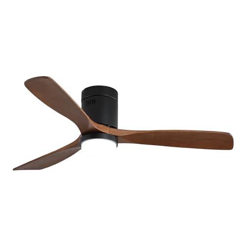 Pangshiyuan Ventilador de techo 52' con luz LED 18W, 3 aspas de madera maciza, motor DC reversible silencioso, 6 velocidades, mando a distancia, negro (132x132x30cm)