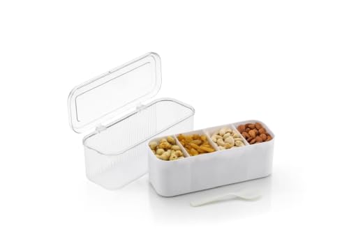 Image of Xmart India 4 Compartment Masala Dabba with Spoons | Spice Box with Transparent Lid | Kitchen Spice Organizer for Salt, Sugar, Masala, Herbs, Seasonings & Dry Fruits (Masala Box, Standard)