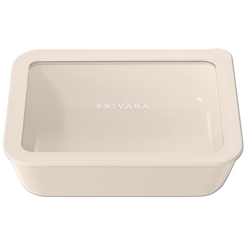 BRIVARA HOME Ceramic Coated Glass Food Storage Container | No PTFE, PFOA, PFAS, and BPA | Reusable Non Toxic Meal Prep Container with Glass Lid | Easy To Store | 6 Cup Rectangle [Crema]