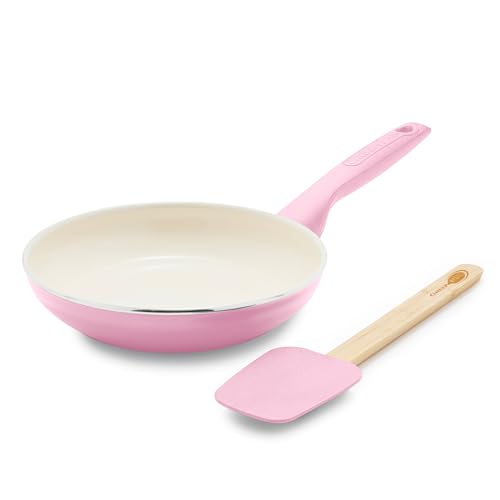 Image of GreenPan Rio Healthy Ceramic Nonstick 8 inch Frying Pan Skillet and Silicone Spatula Set, Soft Grip Handle, Breaktfast Meal Set, PFAS-Free, Dishwasher Safe, Oven Safe, Pink