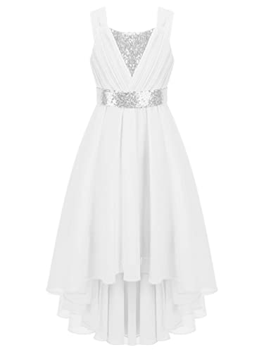 Image of YiZYiF Girl's Sequined Prom Dresses Sleeveless High Low Hem Long Maxi Birthday Party Ball Gown Silver 11-12 Years