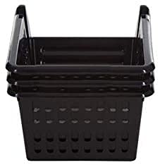 Sarrah Little Store Black Stacking Basket - Multifunctional Storage Baskets - Made Of Plastic - Sturdy & Durable - Woven Design- Semi Open Front - Easy To Stack - Tier Of 3-18Cm (Black)