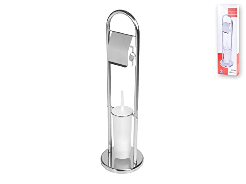 Home Piantana con Supporto Porta Carta e Porta Scopino, Acciaio, Acciaio e Bianco Cover