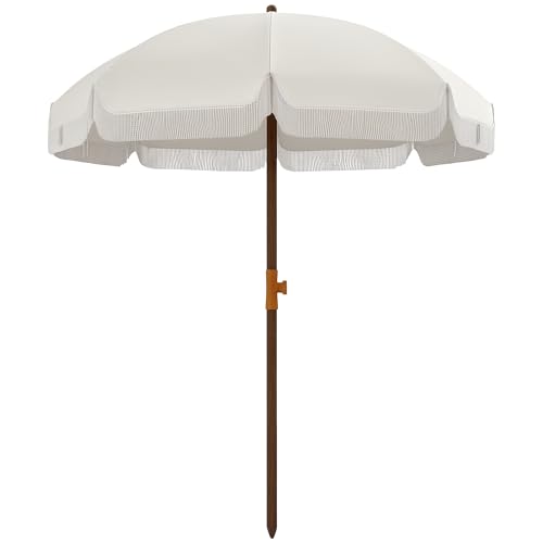 Outsunny Sombrilla de Playa con Flecos Ø190x210 cm Parasol para Terraza con 8 Varillas Apertura Manual Anti-UV Impermeable y Bolsa de Transporte para Jardín Piscina Gris Claro