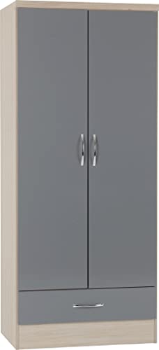 Seconique Nevada 2 Door 1 Drawer Wardrobe in Grey Gloss/Light Oak Effect Veneer
