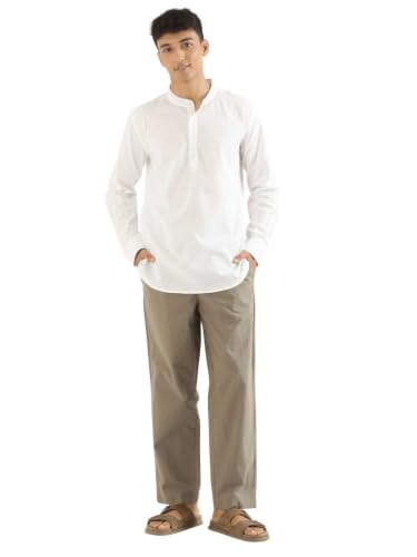 Image of SAADAA Men's Short Kurta - Linen Cotton Blend, Airy Fabric, Regular Fit, Mandarin Collar, Solid Color - Casual, Festive & Ethnic Wear