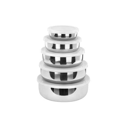 Image of Stainless Steel Storage Container Set; Kitchen Lid Bowl Set; Steel Fridge Container; Tiffin Box; Serving Bowls- Set of 5 Pcs