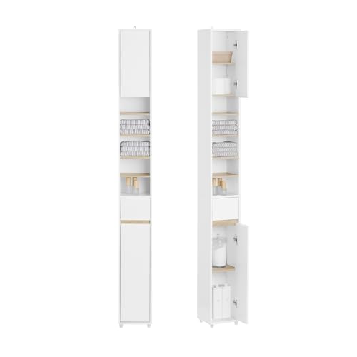 SoBuy Mueble Columna de Baño Armario para Baño Alto Estanterías de baño con 5 Estantes Abiertos 2 Puertas y 1 Cajón 20 x 20 x 180 cm BZR34-WN ES