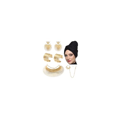 MEDOJO African Jewelry Set for Women Head Wrap Tooth Collar Choker Open Wrist Cuff Nose Ring Hoop Chain Earrings Gold Statement African Costume Accessories